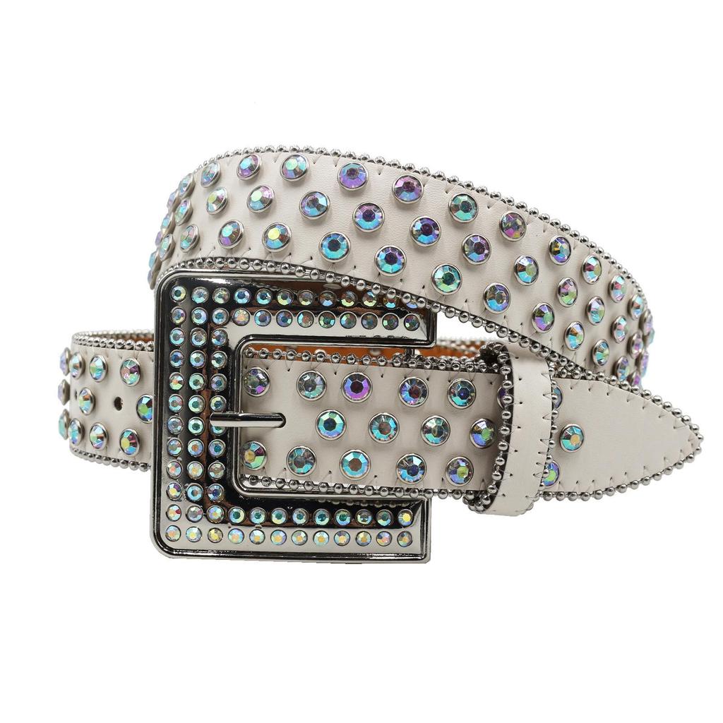 New Trendy PU Leather Belt with Rhinestone Square Buckle - Y2K Western Style
