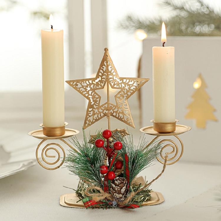 Gold Iron Double Candlestick Home Decors for Holiday Christmas Metal Candle Holders Stand with Pinecones and Berries