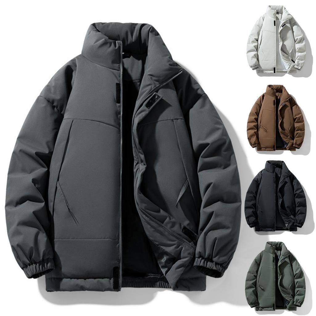 Men's Solid-color Casual Fleece Thickened Cotton-padded Jacket, Men's Fashionable Loose Stand-up Collar Zipper Cotton-padded Jacket