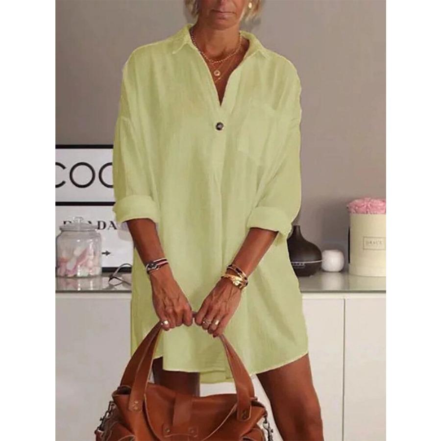Medium Long Shirt White Pink V Neck Long Sleeve Loose Solid Color Shirt for Women