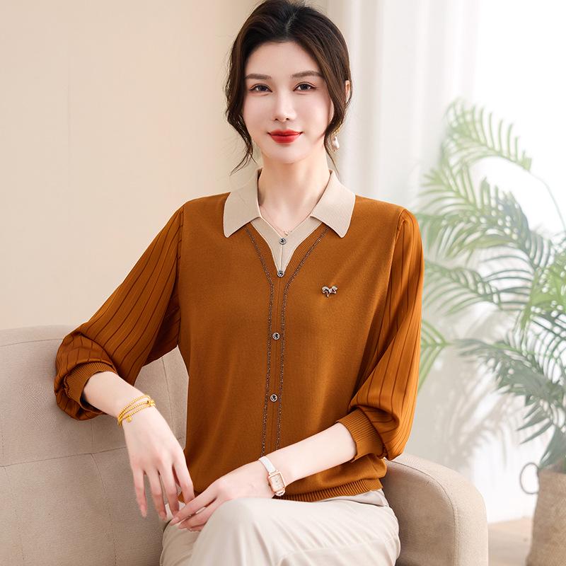

Chiffon Seven-Sleeve Knit Top - Spring & Autumn Lapel Shirt for Middle-Aged Women 3XL (120-135 jin) помаранчевий