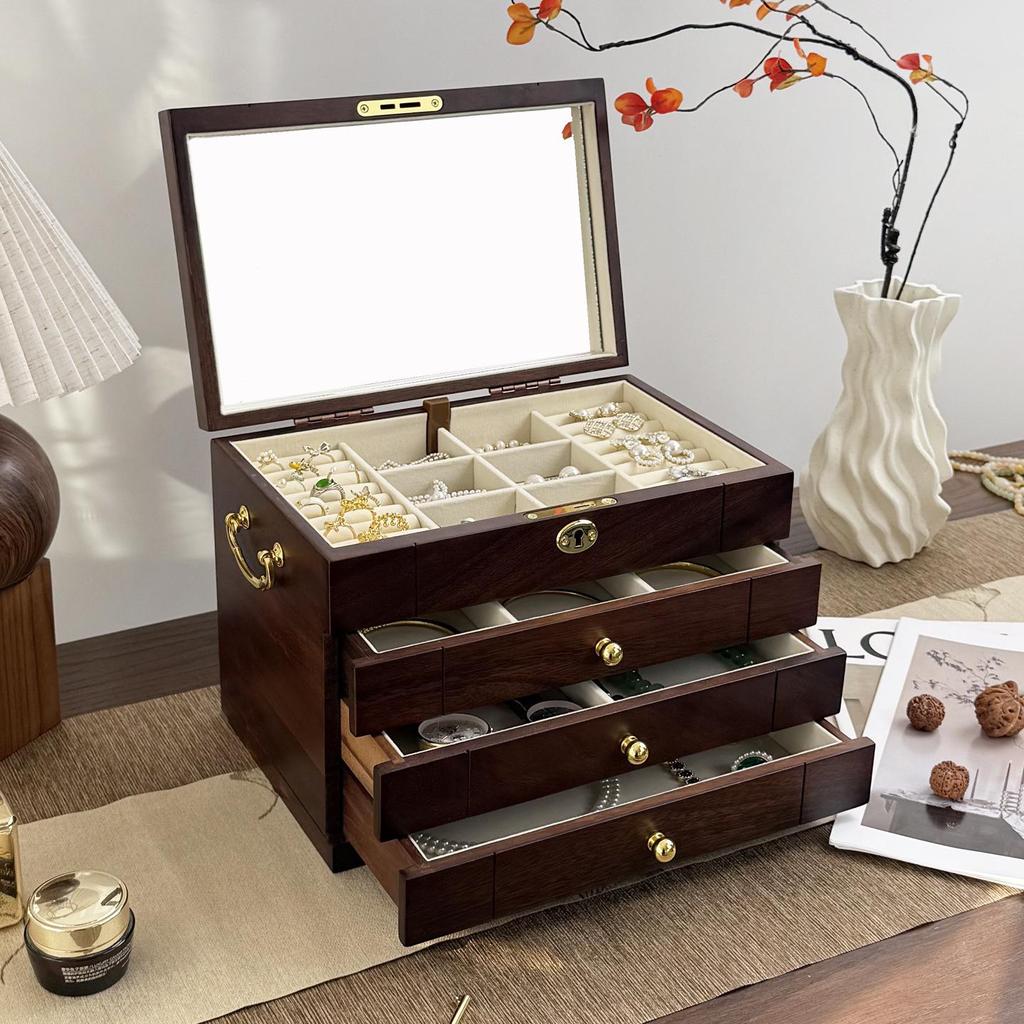 Exquisite Vintage Solid Wood Jewelry Box with Lock for Necklaces, Earrings, and Rings