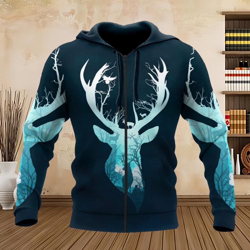 New In Sweatshirts Street Deer Graphic Long Sleeves Zipper Hoodie Tops Autumn Comfortable Kangaroo Pocket Oversized Zipup Hoodie