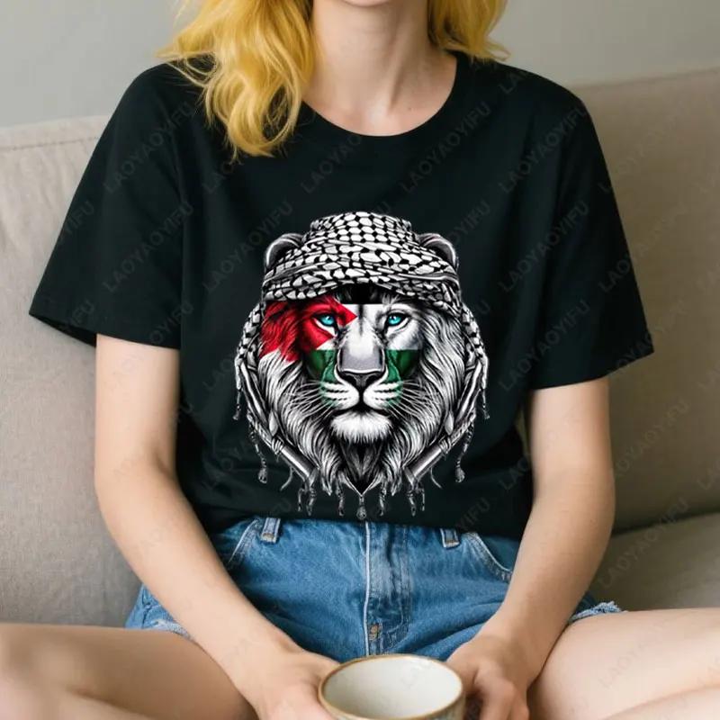 Time of Gaza Lion Keffiyeh T-Shirt Retro Unisex Streetwear Tees High Quality Cotton Casual Wear O-neck Men Woman Camisetas Tops