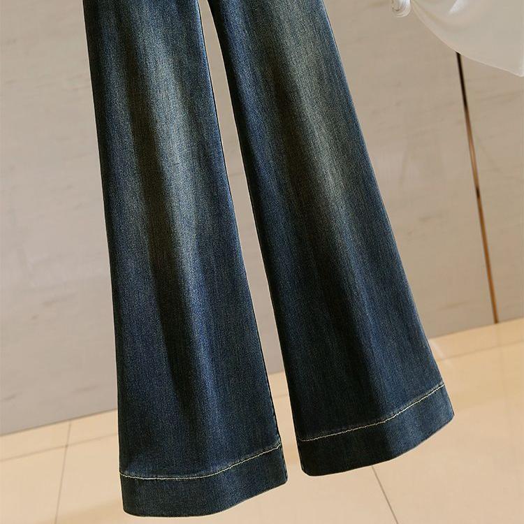Women's High-waisted Jeans Spring Retro Stretch Loose Straight Jeans Wide-leg Pants