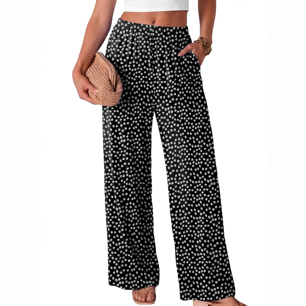 Women Loose Fit Wide Leg Trousers Casual High Waist Elastic Waistband Printed Long Pants for Everyday Wear
