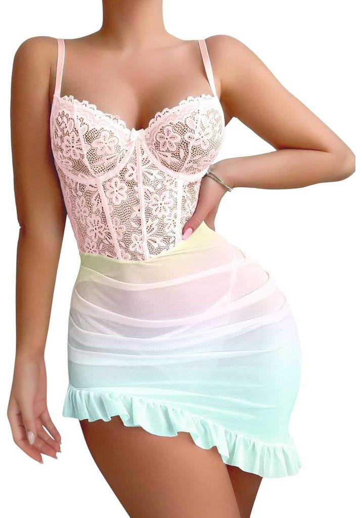 Fashion embroidery splicing perspective breast support pajamas mesh nightgown sexy underwear women's summer