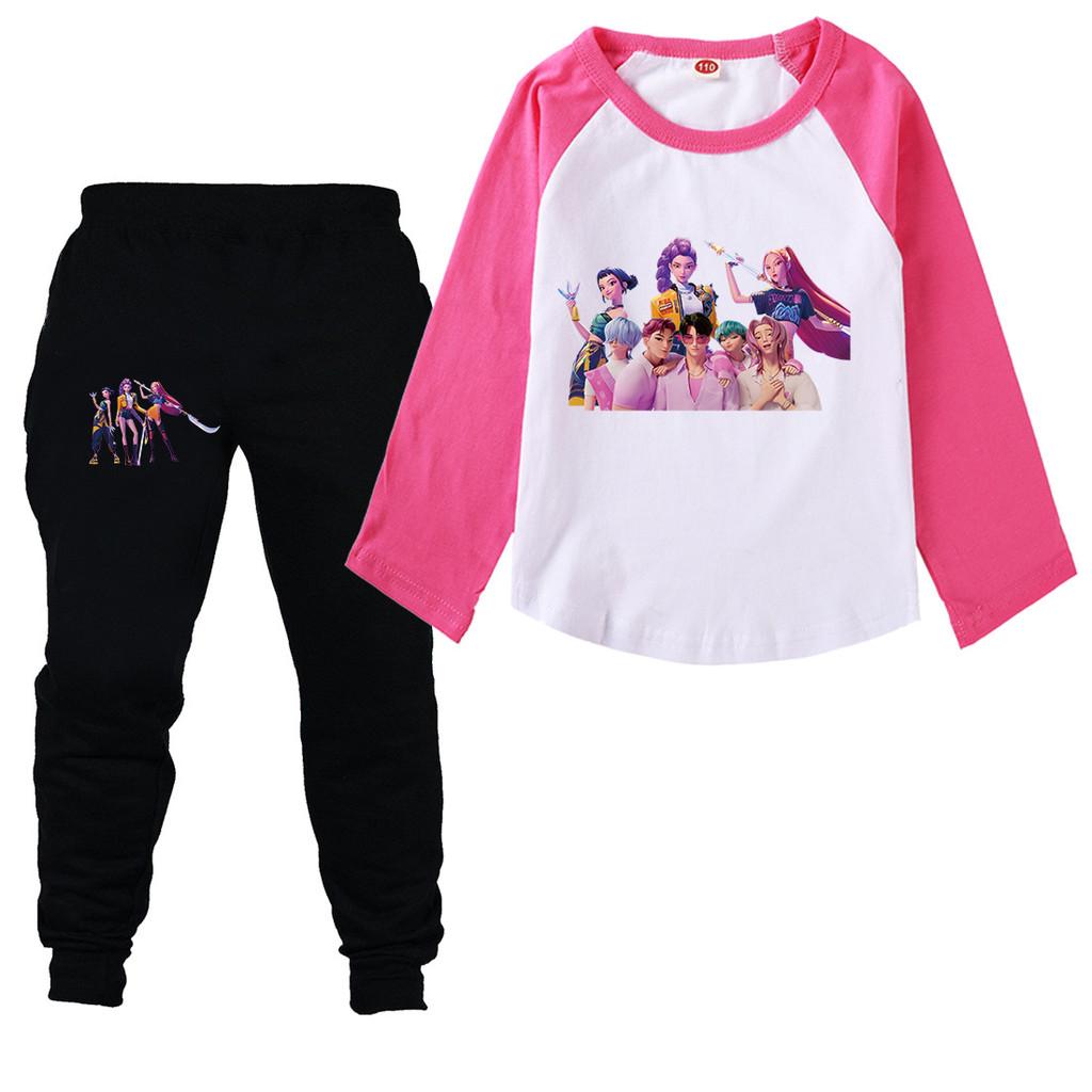 Kids Girls Anime Cartoon K-Pop Rumi Printed Casual Raglan Long Sleeves T-Shirt Pants Clothes Set