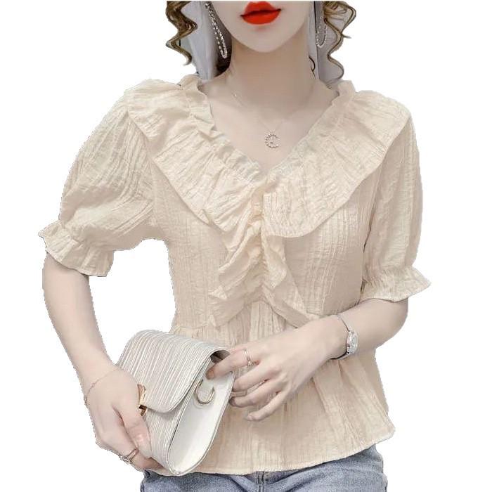 Women's Summer French V-neck Ruffle Puff Sleeve Top – Versatile and Fashionable
