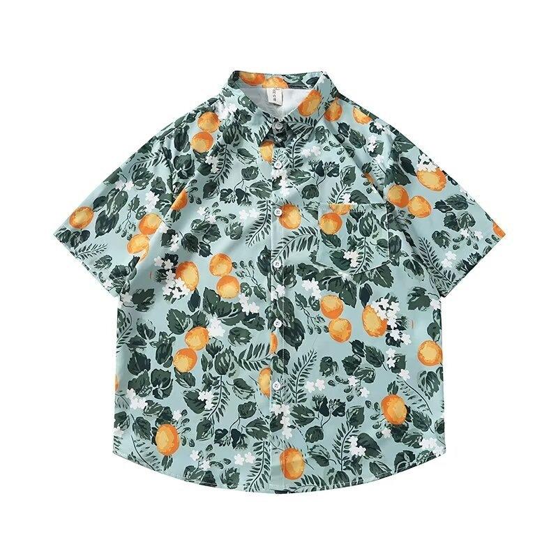 Summer vacation seaside blue shirt for men and women, trendy loose-fitting plus-size Hawaiian short-sleeve shirt