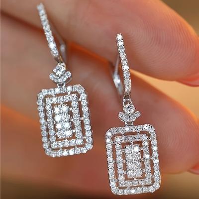 Eleganti Orecchini Quadrati con Pietra Bianca Argento Delicato Colore Festa Fidanzamento Matrimonio Pendenti per Donna
