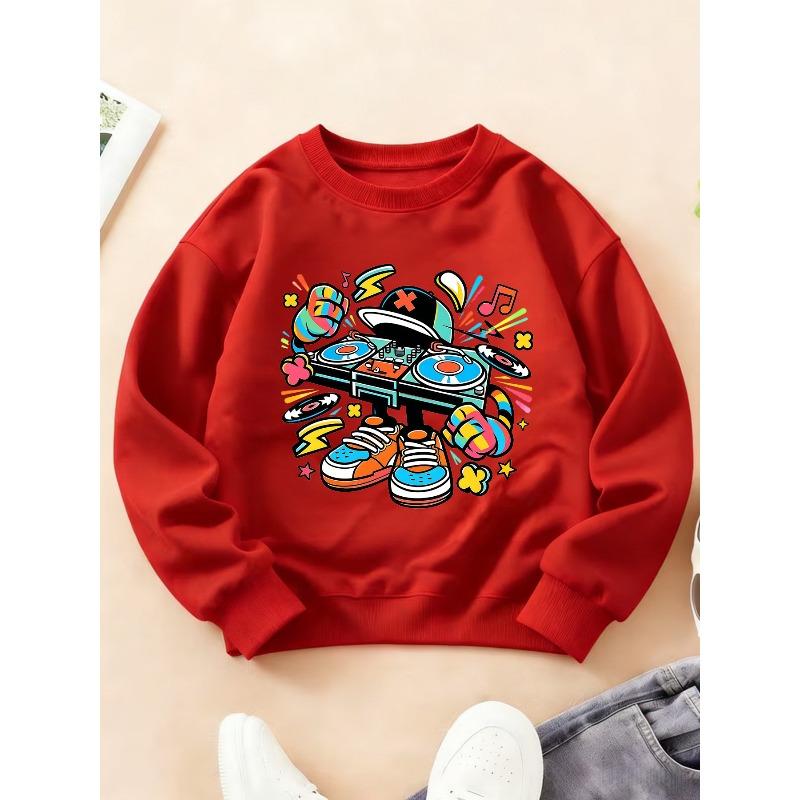 Kids Crewneck Sweatshirt, Trendy Cool Street Hip Hop DJ Sneaker Print Long Sleeve Top for Autumn Winter