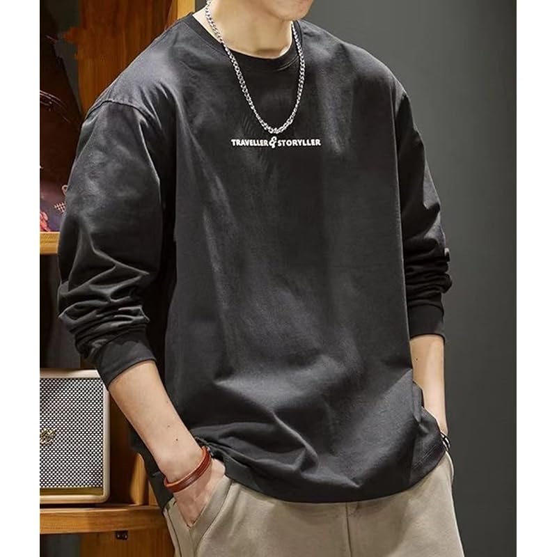 [EASTEMPO] t-shirt men's spring long sleeve Fashionable cotton Plain color casual Relaxing large size (JP, alphabet, XL, black)