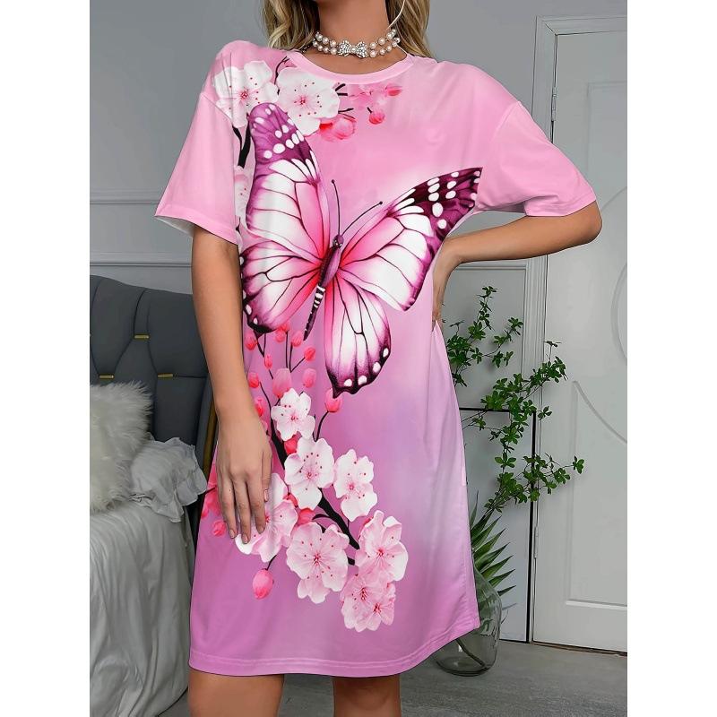 Ladies Nightgown With Pink Butterfly Print Short Sleeved Plus Size T-shirt For Both Outdoor And Home Wear L