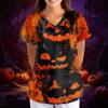 Women's Halloween Print Scrub Top V-Neck Short Sleeve with Pockets - Loose Fit Costume Shirt for Work or Party