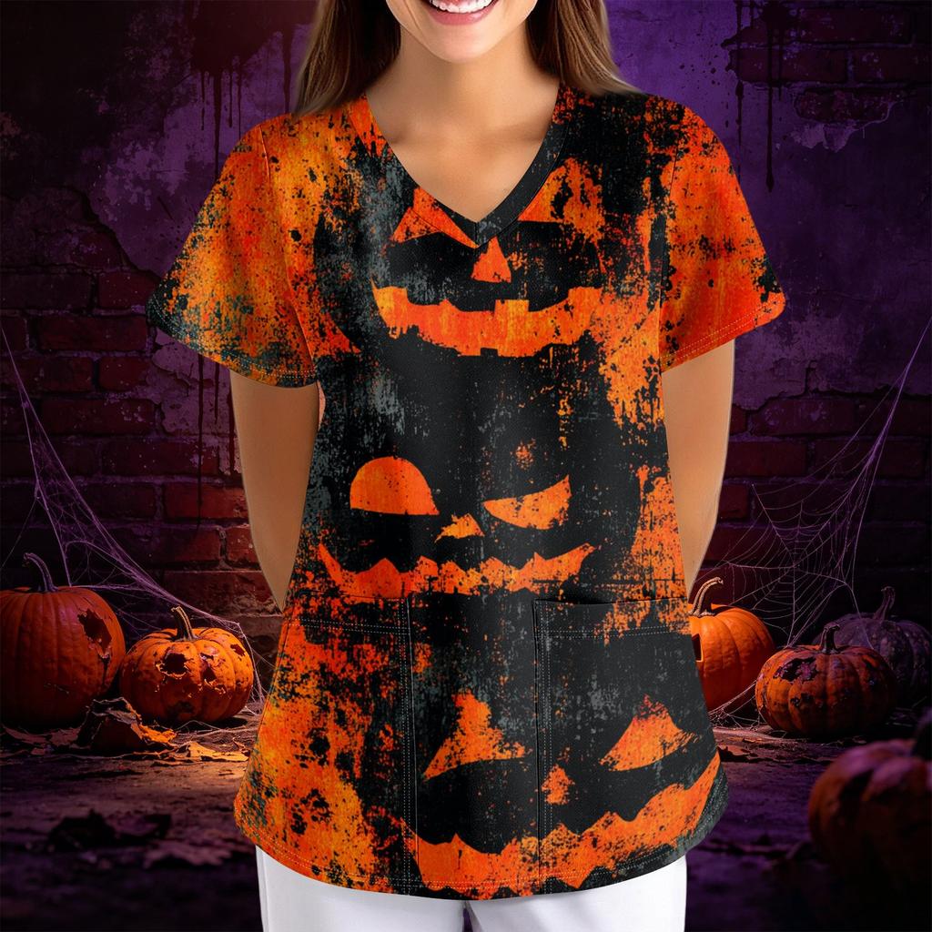 Women's Halloween Print Scrub Top V-Neck Short Sleeve with Pockets - Loose Fit Costume Shirt for Work or Party