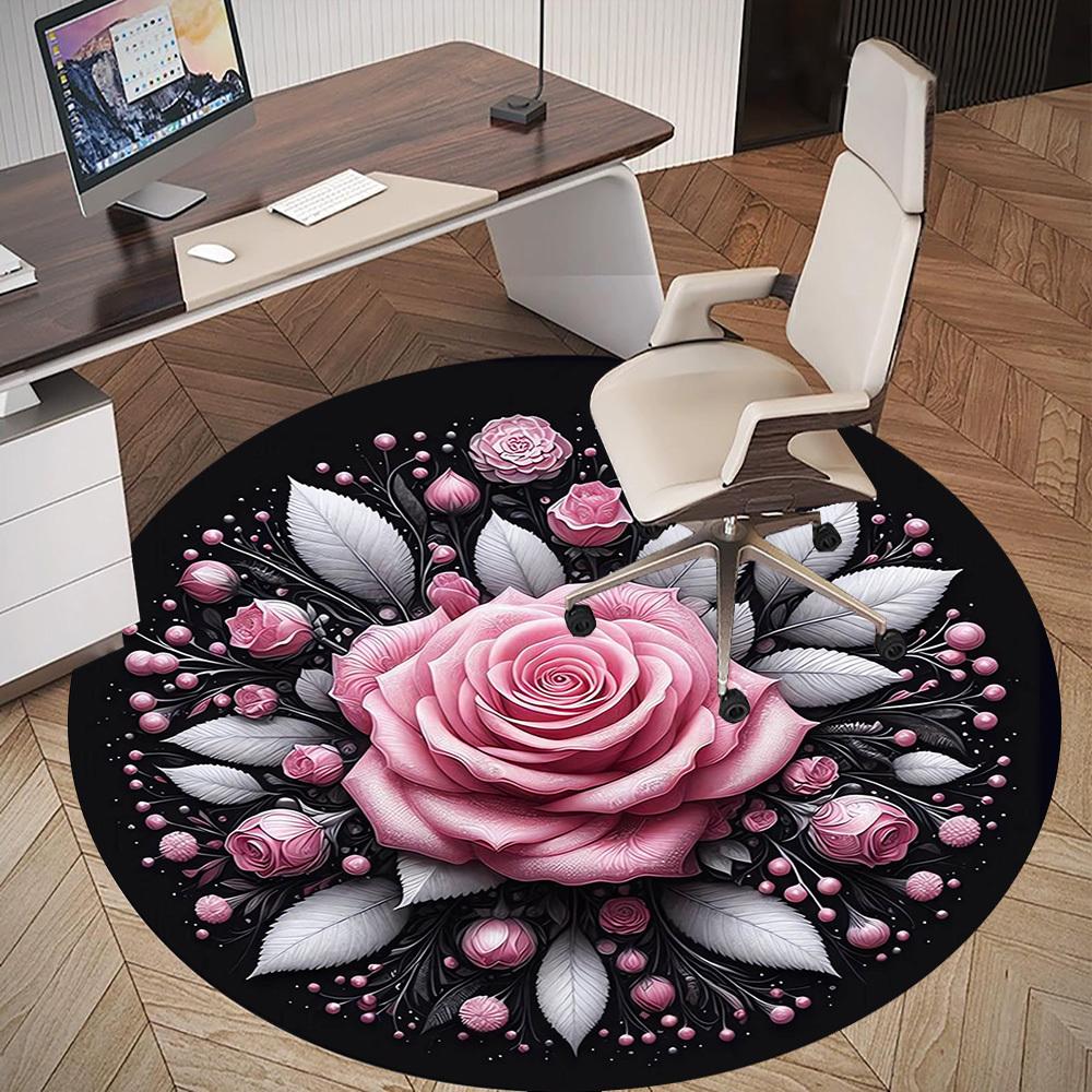 1pc Rose Floral Round Chair mat Area Rug - Non-Slip, Floor Mat for Office, Bedroom, and Indoor Decor -1002207