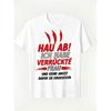 T-shirt Audace con Frase Tedesca per Coppie - Hau Ab! Ho Una Moglie Pazza Con Design Rosso E Bianco Audace Tipografia Giocosa E Graffi - Casual