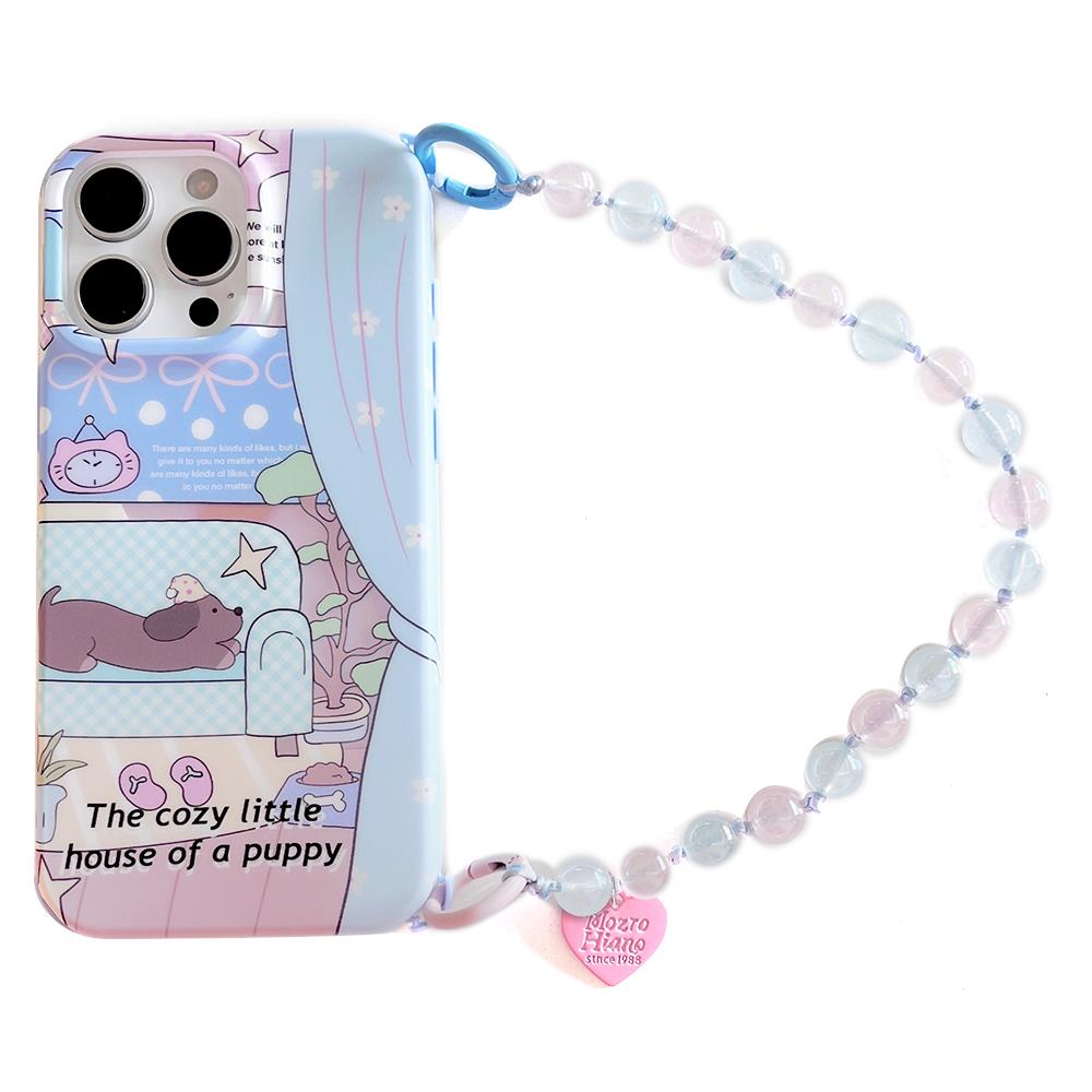 For iPhone 16 Pro Case IMD Cartoon Pattern TPU Phone Cover with Beaded Strap