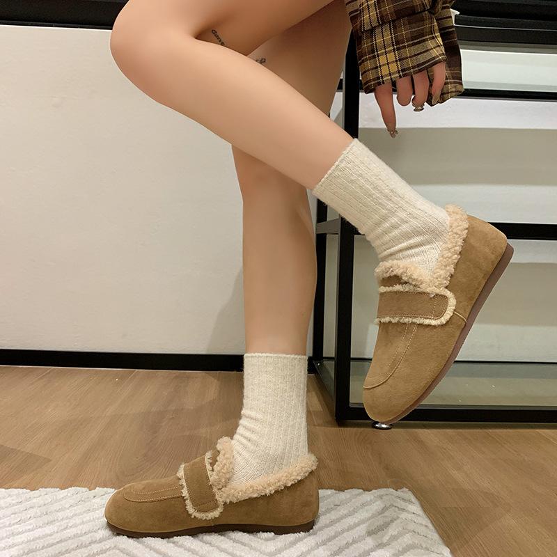 Retro Doudou shoes women's 2025 winter new fleece thickened casual soft-soled fluffy shoes one-pedal flat cotton shoes