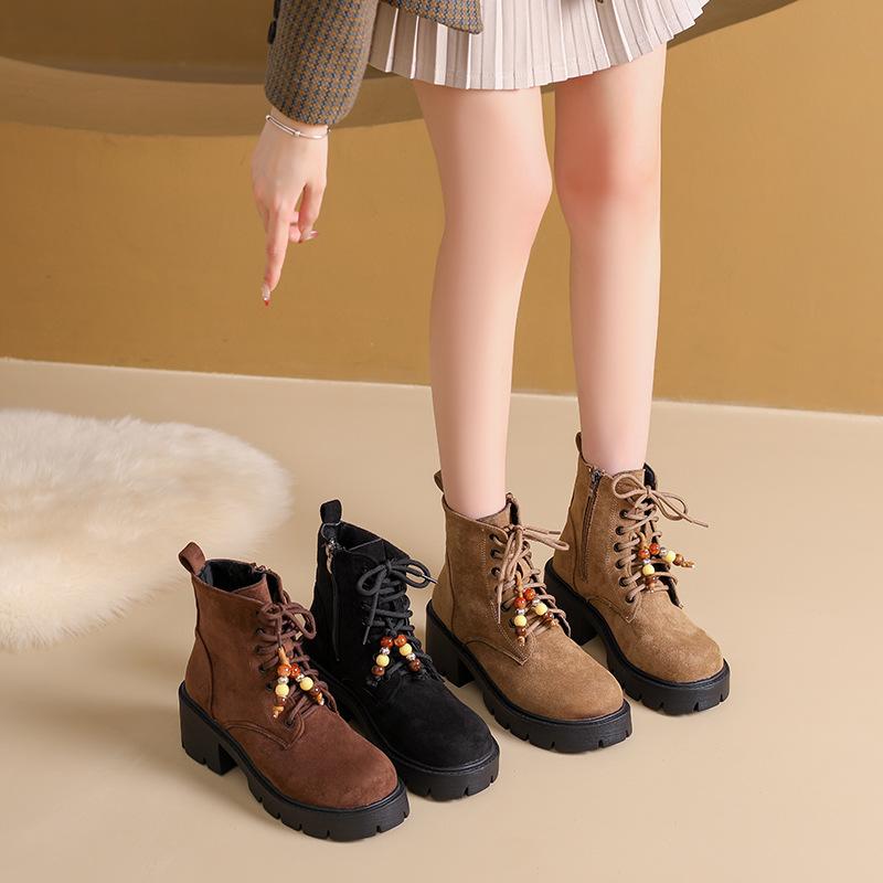 Short boots children's 2025 autumn new retro flat bottom beaded strap short boots soft bottom fashion matte Martin boots