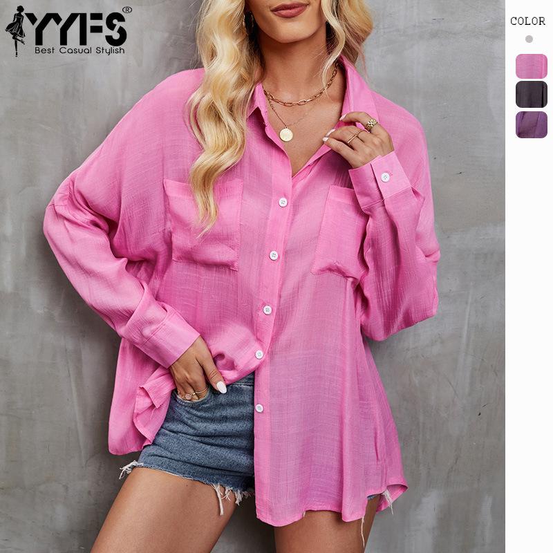 

YYFS женские модные повседневные весенне-осенние однотонные свободные блузки и рубашки поло с длинными рукавами и воротником-поло с принтом