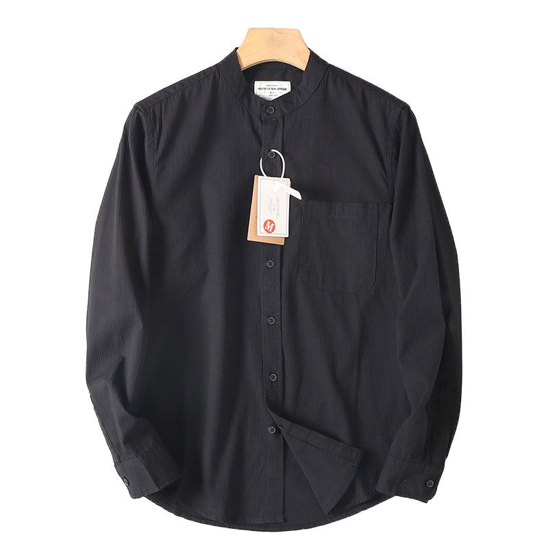 Men's Autumn Versatile Loose Casual Long-Sleeve Shirt with Dark Striped Collar, Made from Washed Cotton, from Foreign Trade Surplus Stock