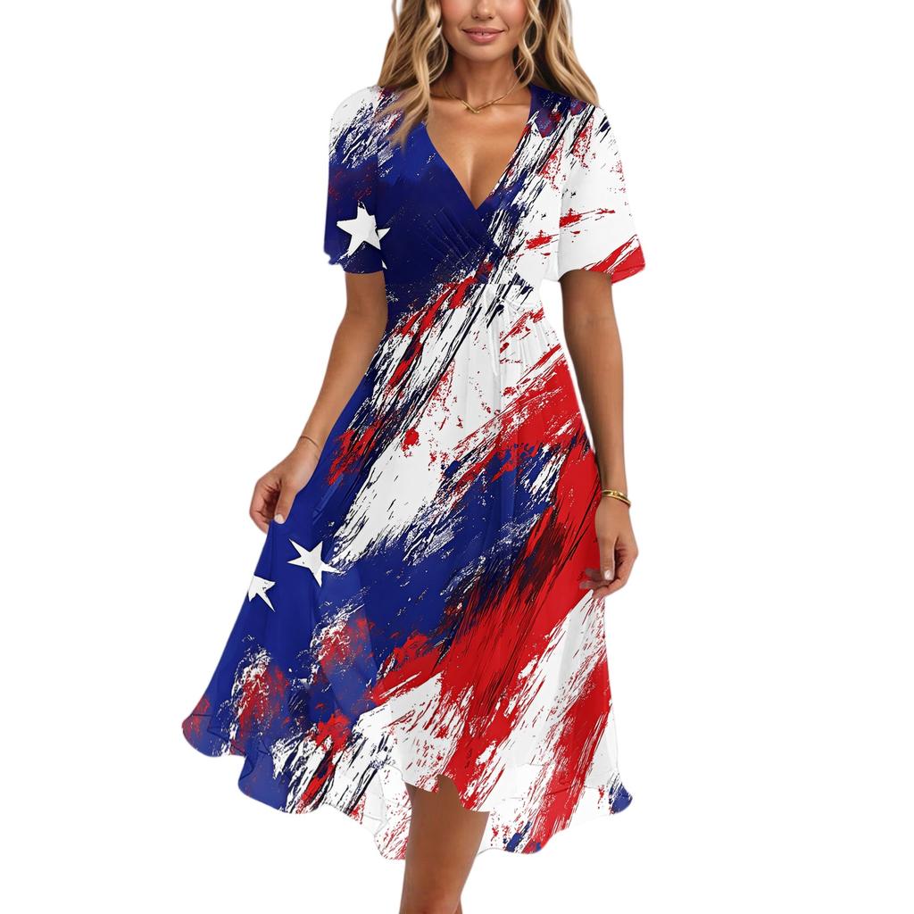 Women's Casual V-Neck Short-Sleeve Independence Day Print Dress