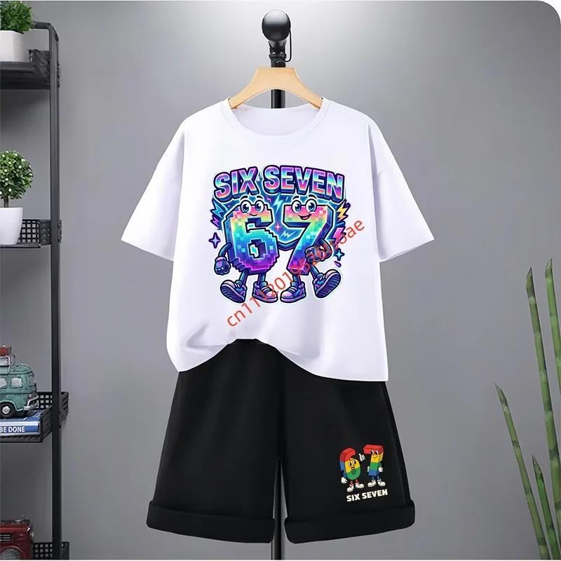 67 Çocuk Tişört 3-12 Yaş Yaz Altı Yedi Baskılı Kısa Kollu Sevimli Komik Moda Erkek Kız Bebek Üst+Şort 2 Parça Günlük Set