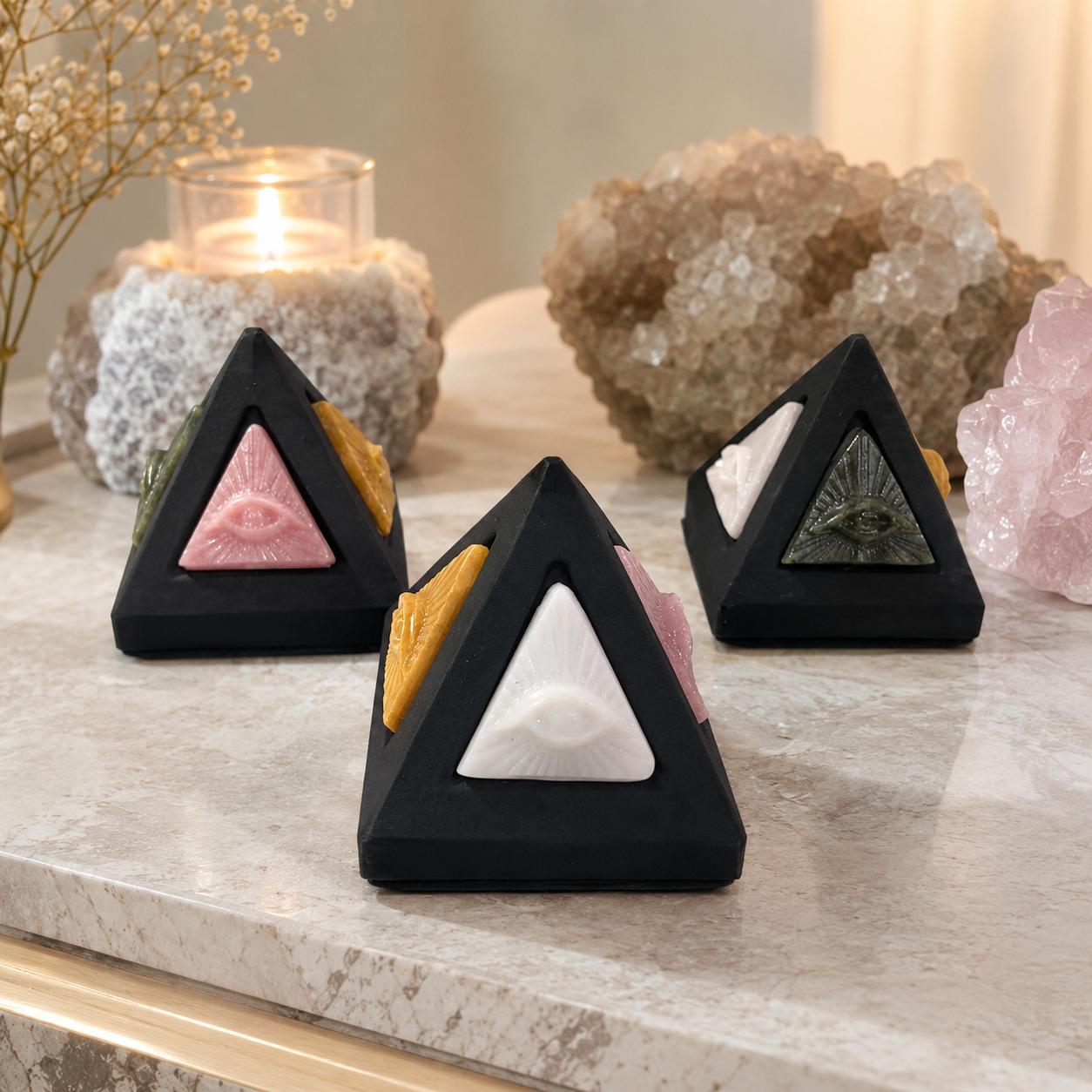 Natural Crystal Evil Eye Pyramid Carving Handmade Mystical Protection Ornament for Home Decor Meditation and Unique Gift (as the picture,7cm)