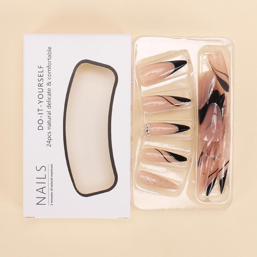 Bestseller 24-teilige Französische Schwarzkanten-Aufklebenägel mit gestreiftem Glitzer und Strasssteinen