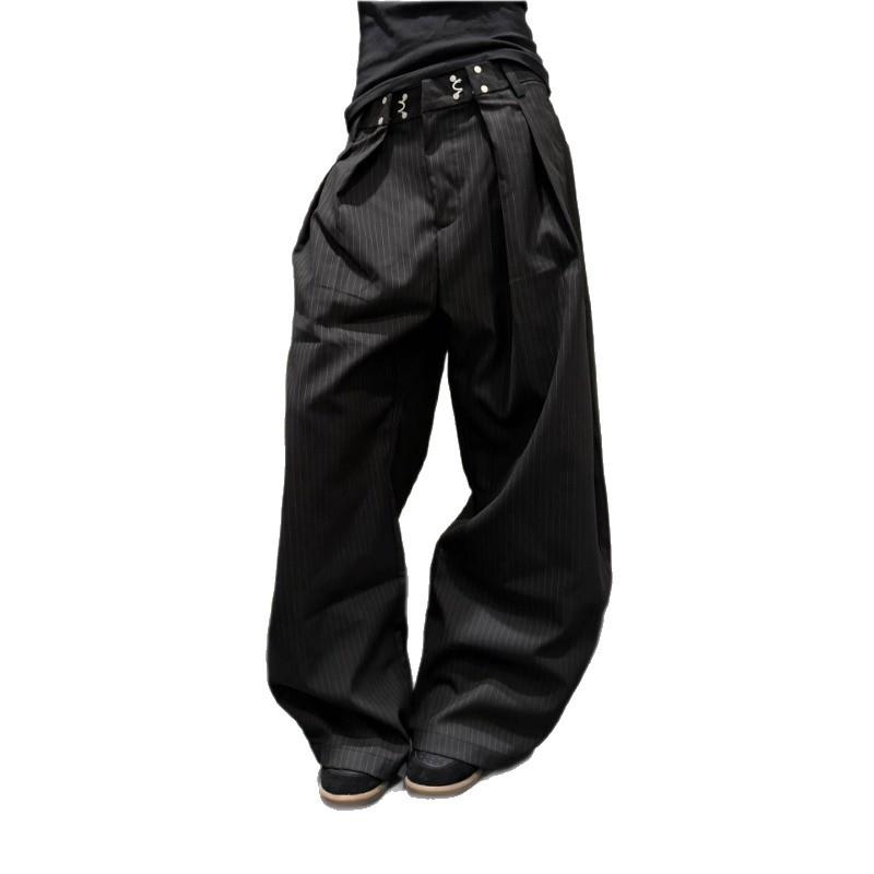 American Japanese Hong Kong Style High Street Retro Striped Pleated Scimitar Pants Men's and Women's High-end Casual Pants Tide