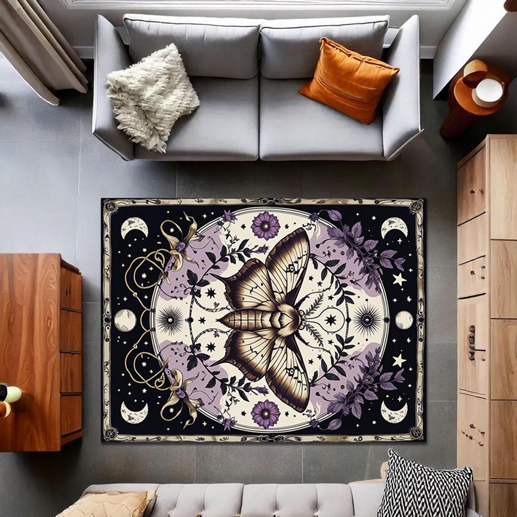 Mystic Moth Rug, Witchcore Purple Butterfly Carpet with Moon Phases, Pentagram Symbols & Magical Floral Vintage Art,Gothic Rug