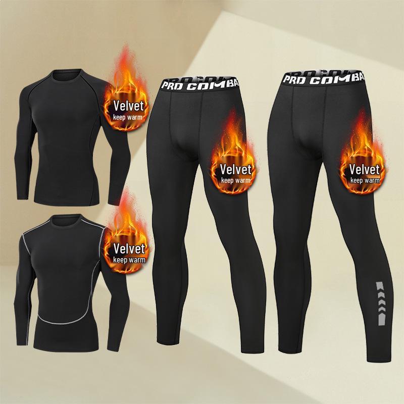 Men's Plus Velvet Quick-Dry High-Elastic Training and Running Set: Autumn/Winter Warm Fitness Tights and Base Layer.
