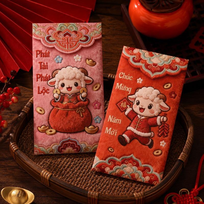 Cute 3D Sheep Red Pockets Colorful Vietnamese Wishes Print for Tet Family Gifting Occasions