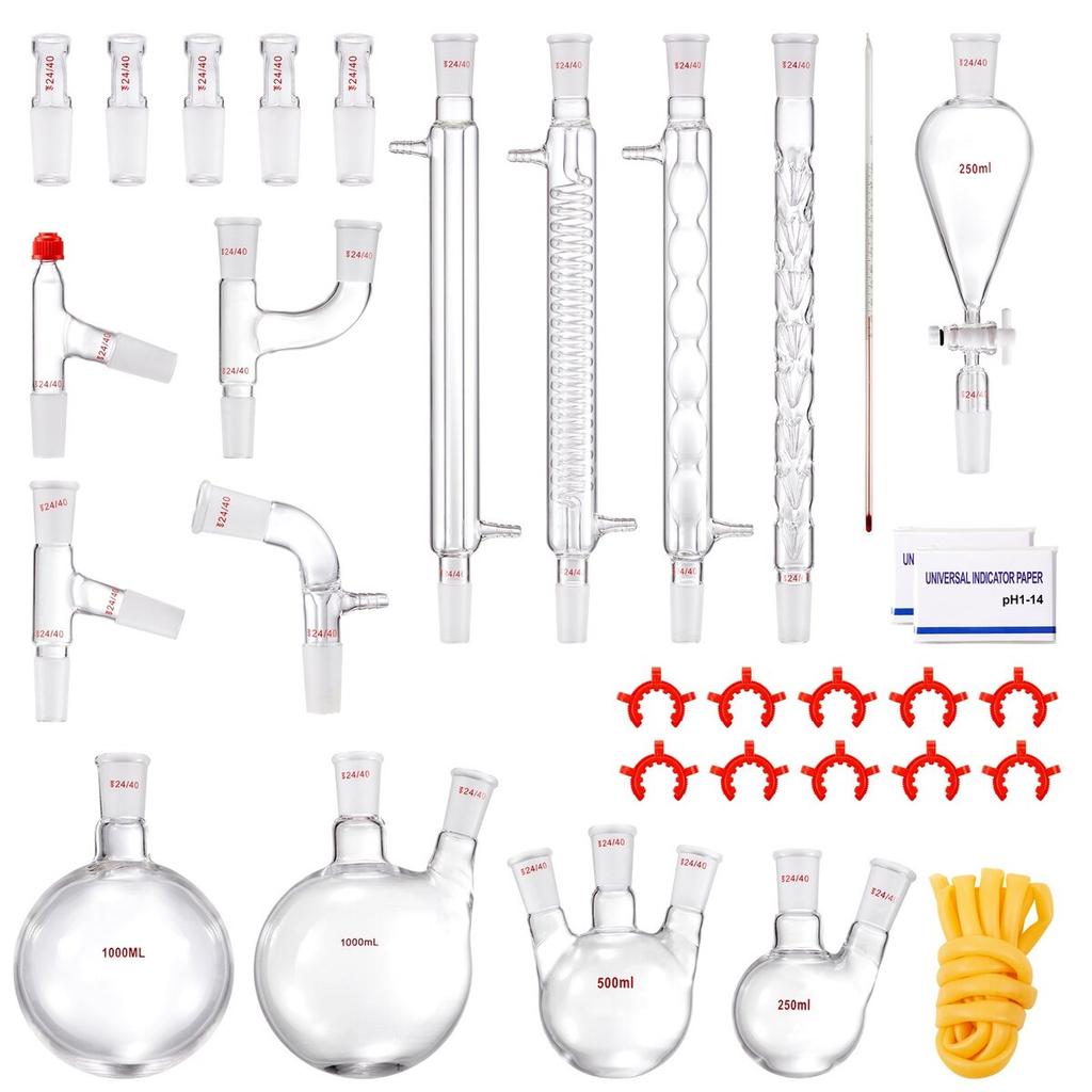 Lab Distillation Kit, 3.3 Boro Lab Glassware Distillation Kit with 24, 40 Joint, 1000ml Essential Oil Distillation Apparatus Kit, 32 pcs Set of