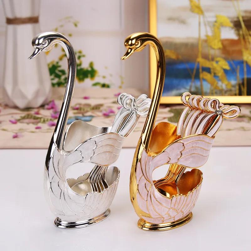 7pcs Swan Shaped Coffee Spoon, Fruit Spoon, Fork Set, Cute Swan Dessert Spoon Tableware Home Decor Elegant Atmosphere Decoration