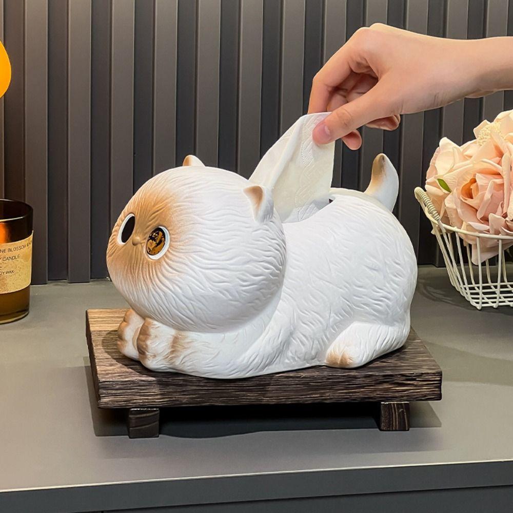 Storage Tube Ceramic Cat Tissue Box Kawaii Modern Napkin Dispenser Decorative Towel Organizer Household