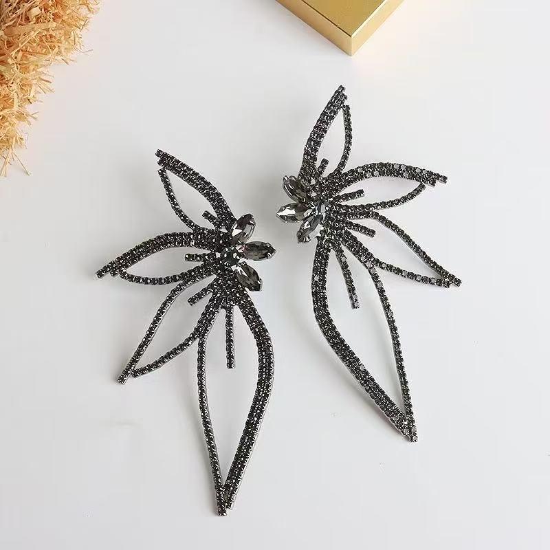 

European and American Trendy Full Diamond Leaf-Shaped Flower Stud Earrings - Women s Exaggerated Fashion Statement