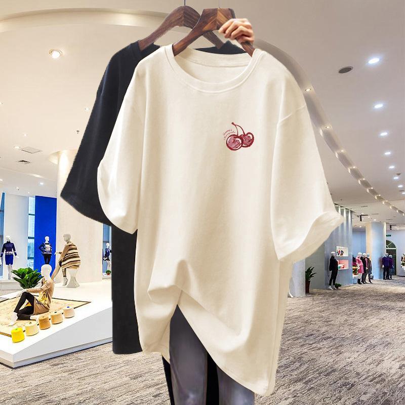 

Абрикосовая футболка женская летняя с коротким рукавом, закрывающая бедра, свободная, 2025 новая большая версия, с рукавом до локтя, топ, прикрывающий ягодицы, тренд S