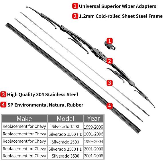 Replacement For Chevrolet Silverado 1500 2500 3500 Windshield Wiper Blades - 22"+22" Front Window Wiper - Fit 1999-2006 -2024 Vehicles - OTUAYAUTO
