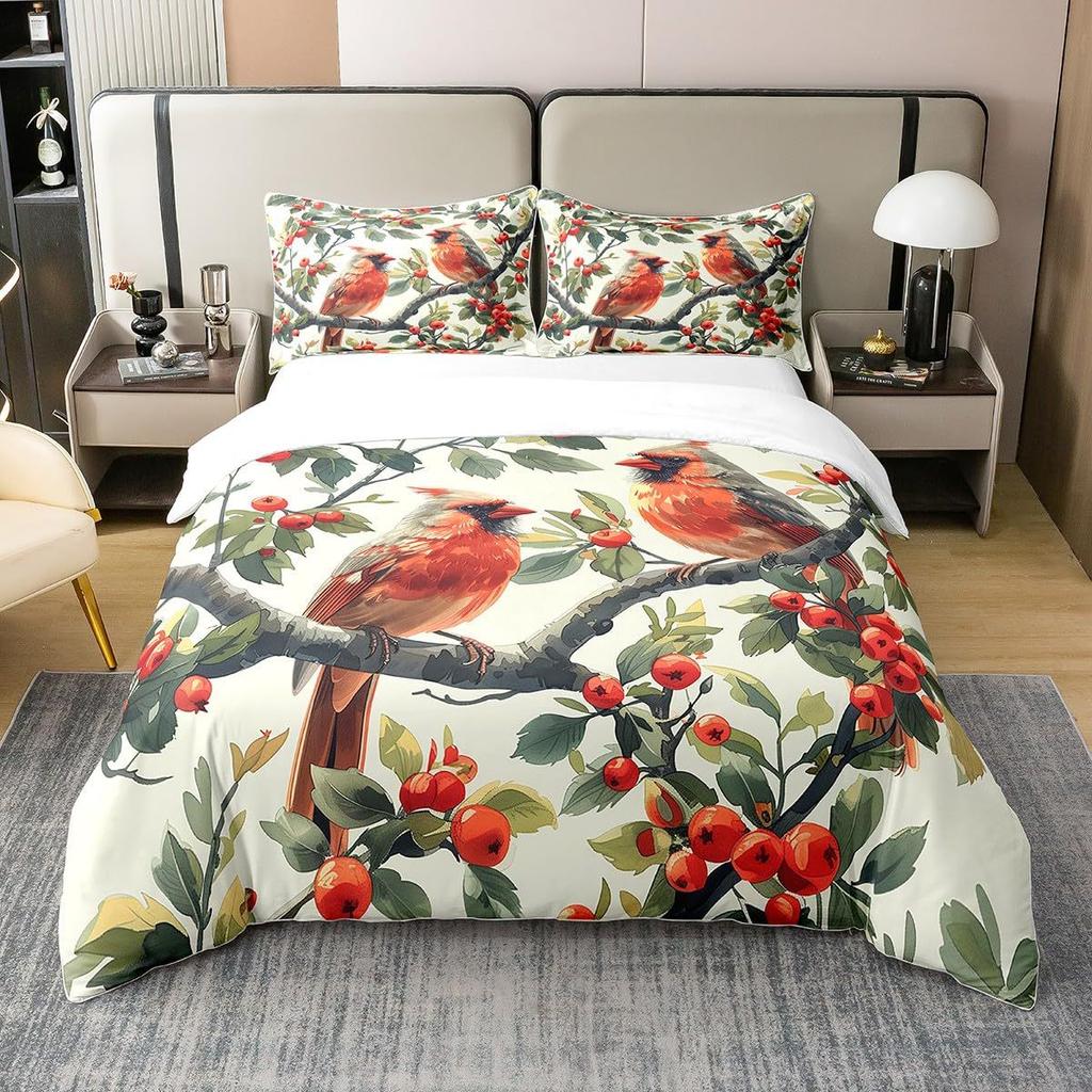 Red Bird Quilt Cover Three-Piece Animal Count Printing Kit Duvet Cover Bedroom Home Decoration