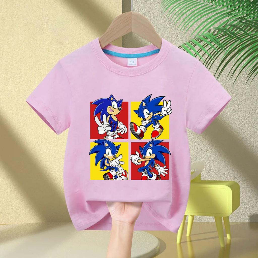 2026 Cartoon Boys' Round Neck Comfortable Short Sleeve Sonic The Hedgehog Children's Pure Cotton T-Shirt Girls' Breathable Top