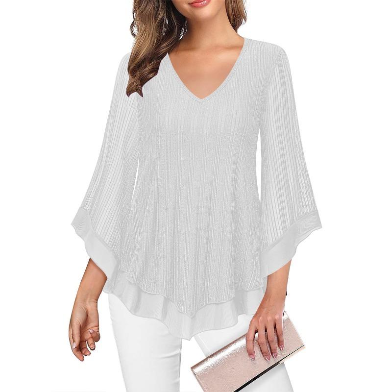 BITCED Women s Fashion Casual Solid Color Print Long Sleevee V Neck Blouses  Shirts S