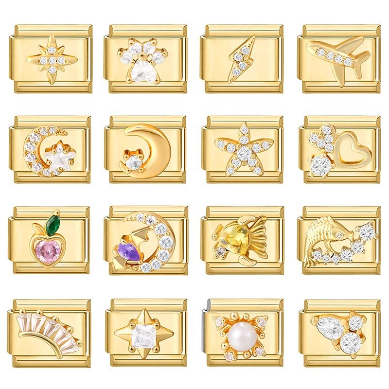 Gold Color Zircon Butterfly Moon Star Heart Italian Charm Link Fit 9mm Stainless Steel Bracelet Women Men DIY Making Gifts