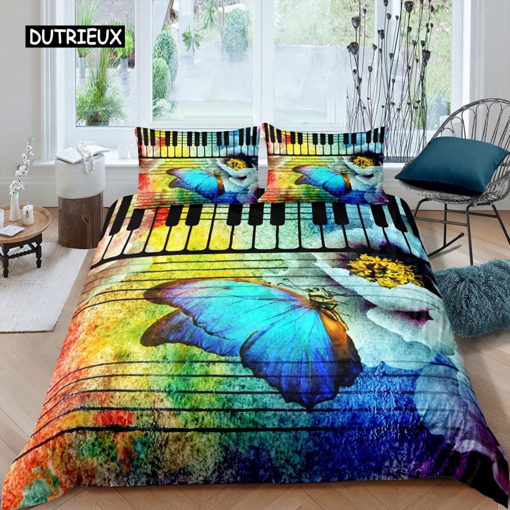 Piano Pattern Duvet Cover Microfiber Classic Music Themed 2/3Pcs Bedding Set Musical Pattern Geometric Stripe King Quilt Cover