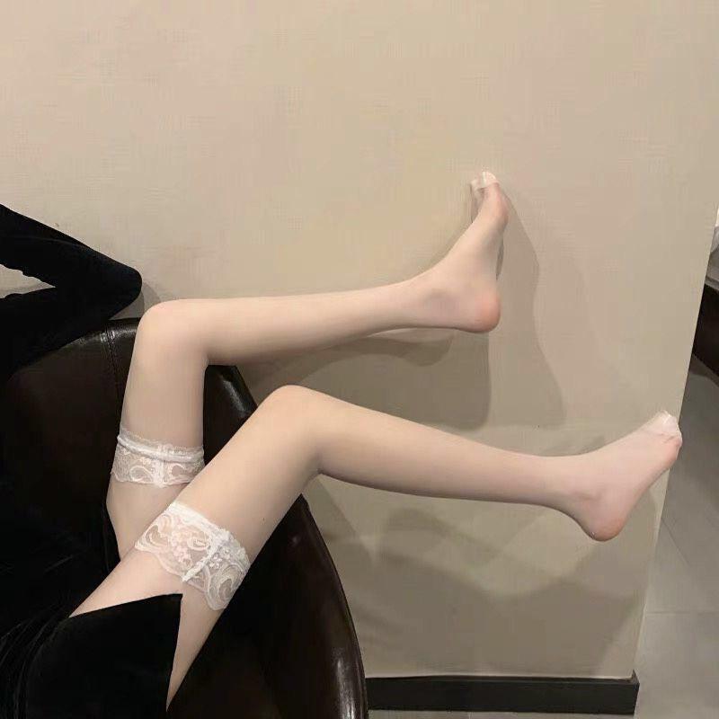 Ultra-Thin Lace Fishnet Thigh-High Stockings - Black/White