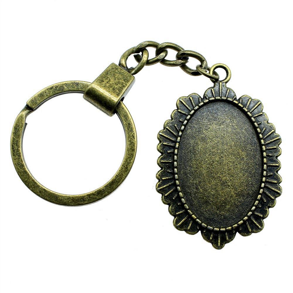 Heart Elliptical Glass Cabochon Base Setting Tray Blank Antique Bronze Metal Keychain for Family Gift