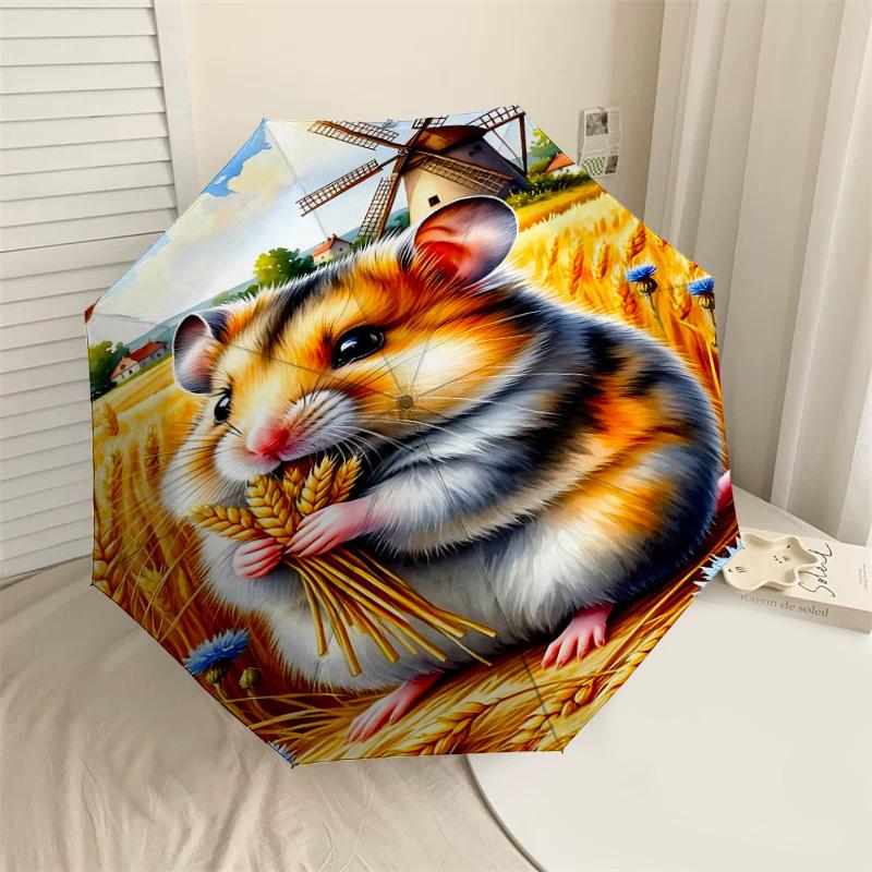 

1PC Hamster, WheatAutomatic Open/Close Umbrella with Windproof, 8-Rib Sturdy Canopy, Durable Ribs, Fashionable Design, Outdoor Accessory, Fun Prin, Ho