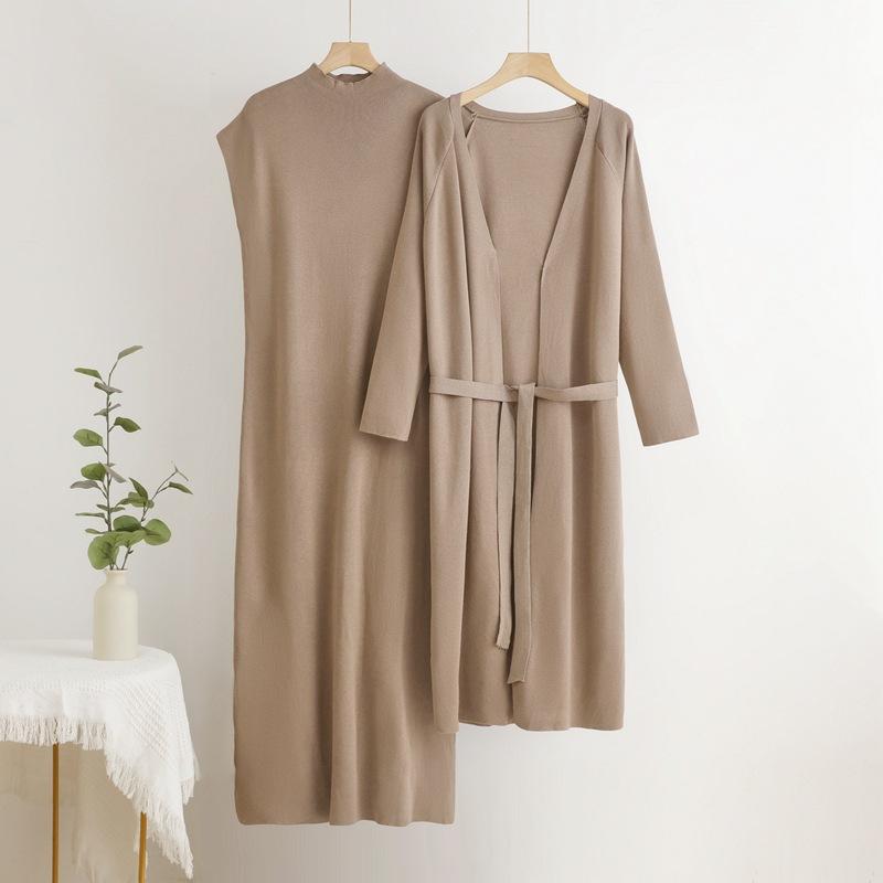Elegant Solid Knitted 2 Piece Sets Women O-neck Sleeveless Knitwears Pullover Dress Conjuntos Long Sleeve Sweater Cardigan Suits